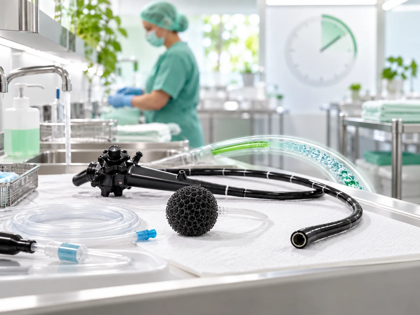 Illustrative porous black cleaning ball in a clinical endoscope cleaning area
