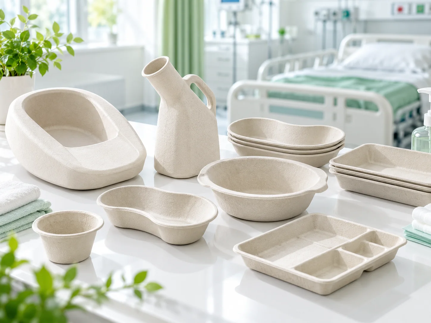 Illustrative disposable moulded-pulp urinals, bedpans and patient care dishes