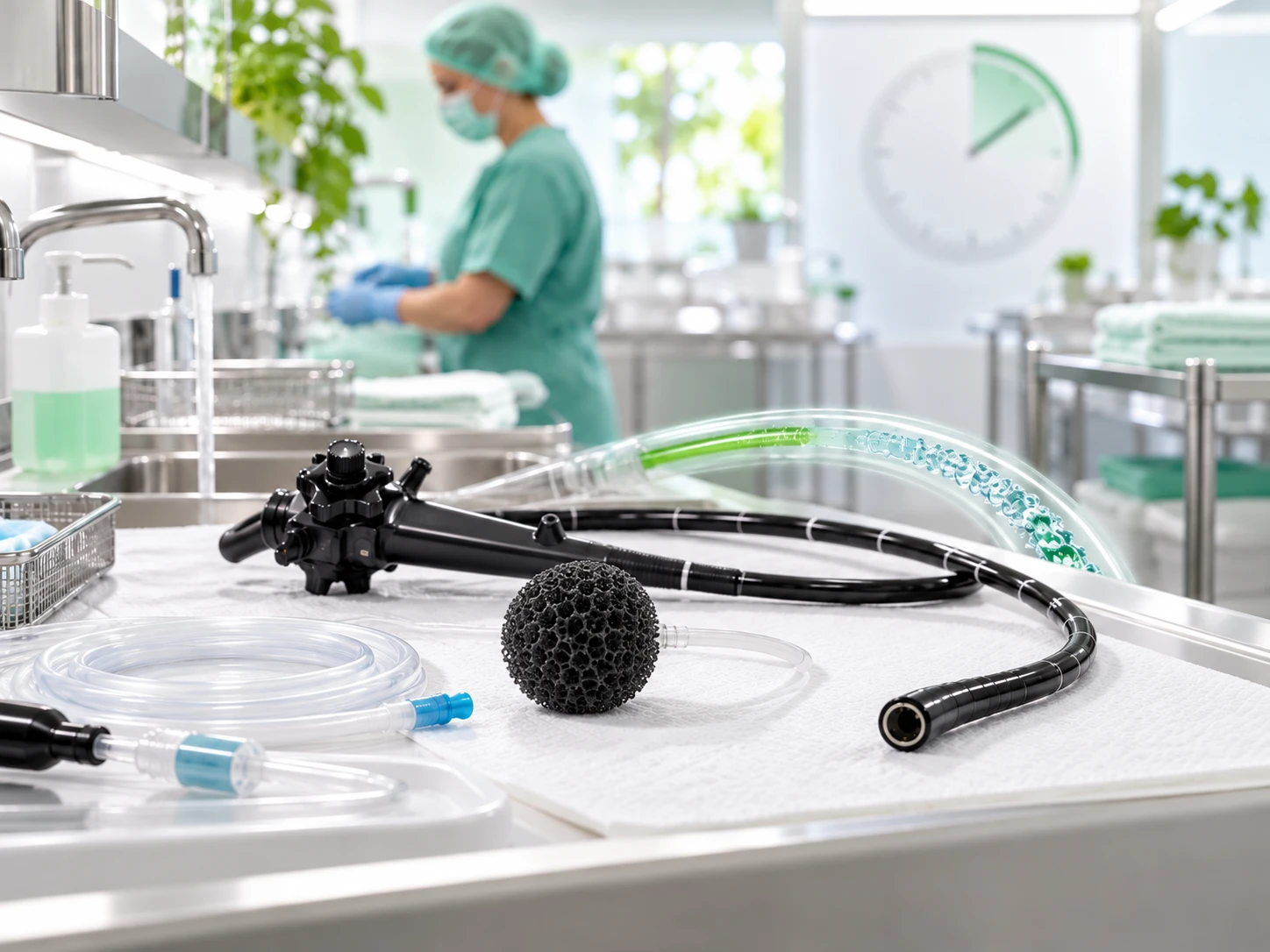 Clean endoscopy reprocessing room with endoscope and black carbon cleaning ball