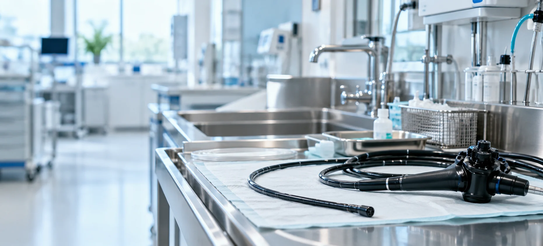 Clean endoscopy reprocessing room with medical equipment