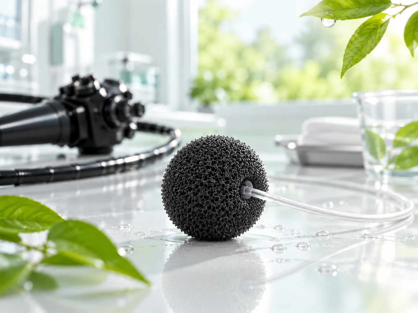 Illustrative black porous cleaning ball in a softly lit clinical setting with foliage