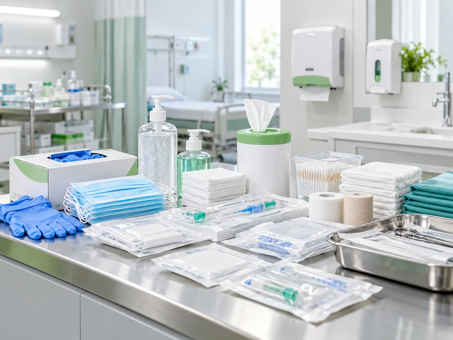 Organised hospital consumables and hygiene supplies in a clean clinical setting